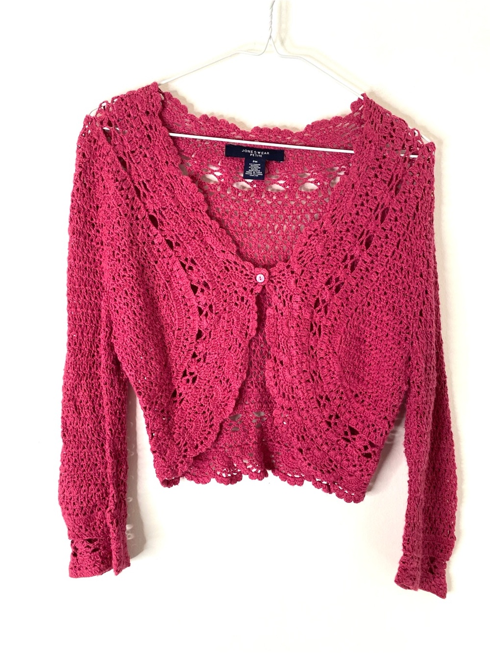 Vintage Jones Wear Petite Berry Pink Crochet Knit Cardigan Ramie Rayon
